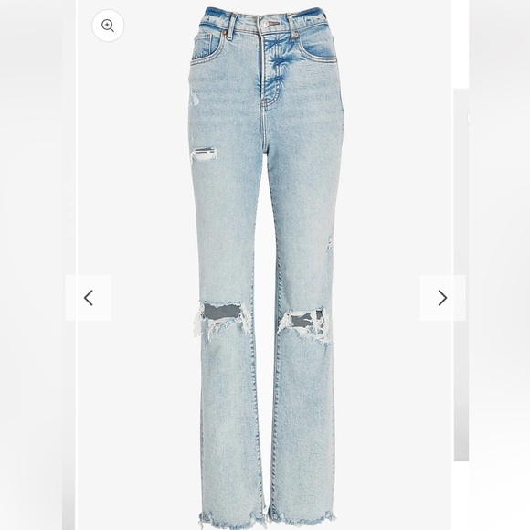 EXPRESS SUPER HIGH WAISTED RIPPED RAW HEM MODERN STRAIGHT JEANS NWT - Picture 2 of 11
